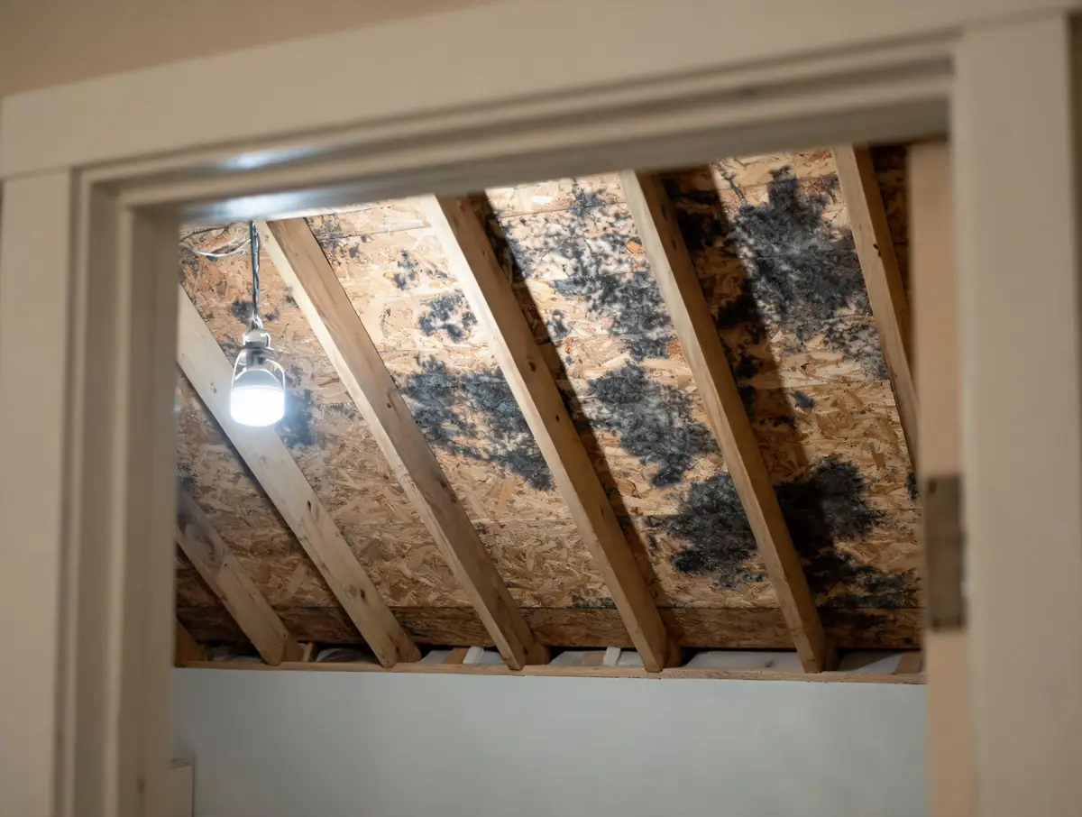 Attic roof sheathing dark with mold between the rafters